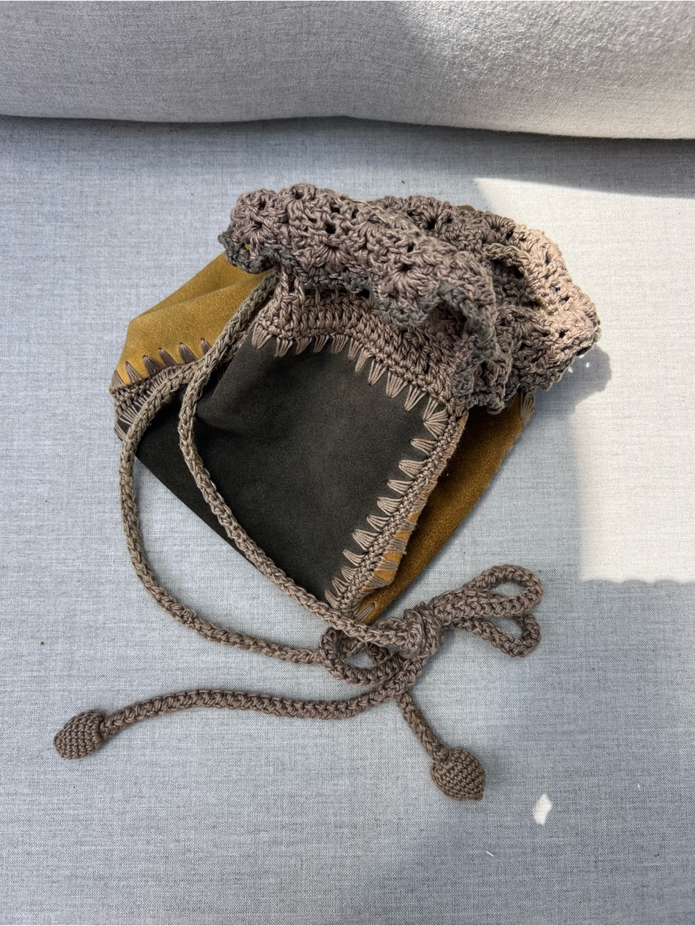 Handmade Suede & Crochet Boho Drawstring Bucket Bag Crossbody Earth Tones